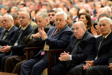 Palestinian President Mahmoud Abbas (3rd R) attends the opening session of Fatah congress in the West Bank city of Ramallah November 29, 2016. Palestinian President Office (PPO)/Handout via REUTERS ATTENTION EDITORS - THIS IMAGE WAS PROVIDED BY A THIRD PARTY. EDITORIAL USE ONLY. NO RESALES. NO ARCHIVE.