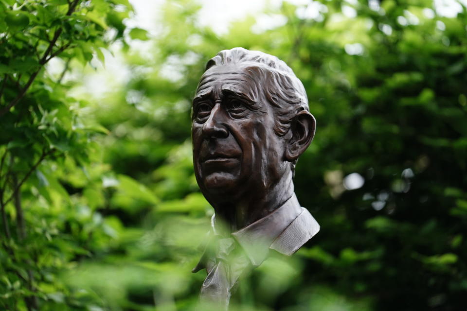 A bust of King Charles III featured in the RHS Royal Tribute garden during the RHS Chelsea Flower Show press day, at the Royal Hospital Chelsea, London. Picture date: Monday May 22, 2023. (Photo by Jordan Pettitt/PA Images via Getty Images)