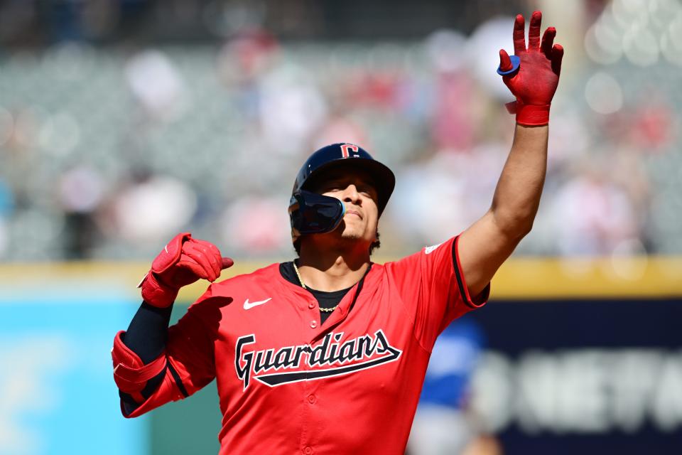 Cleveland Guardians catcher Bo Naylor (23) rounds the bases after hitting a home run during the seventh inning Wednesday against the Kansas City Royals in Cleveland.