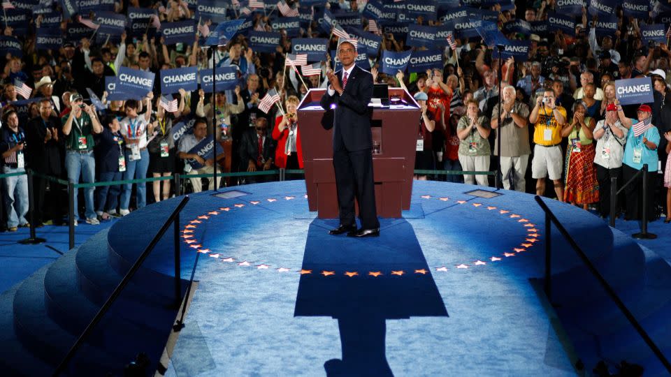 Barack Obama greets delegates before he accepts the Democratic presidential nomination at the 2008 Democratic National Convention on August 28, 2008, in Denver, Colorado. - Chuck Kennedy/Pool/Getty Images