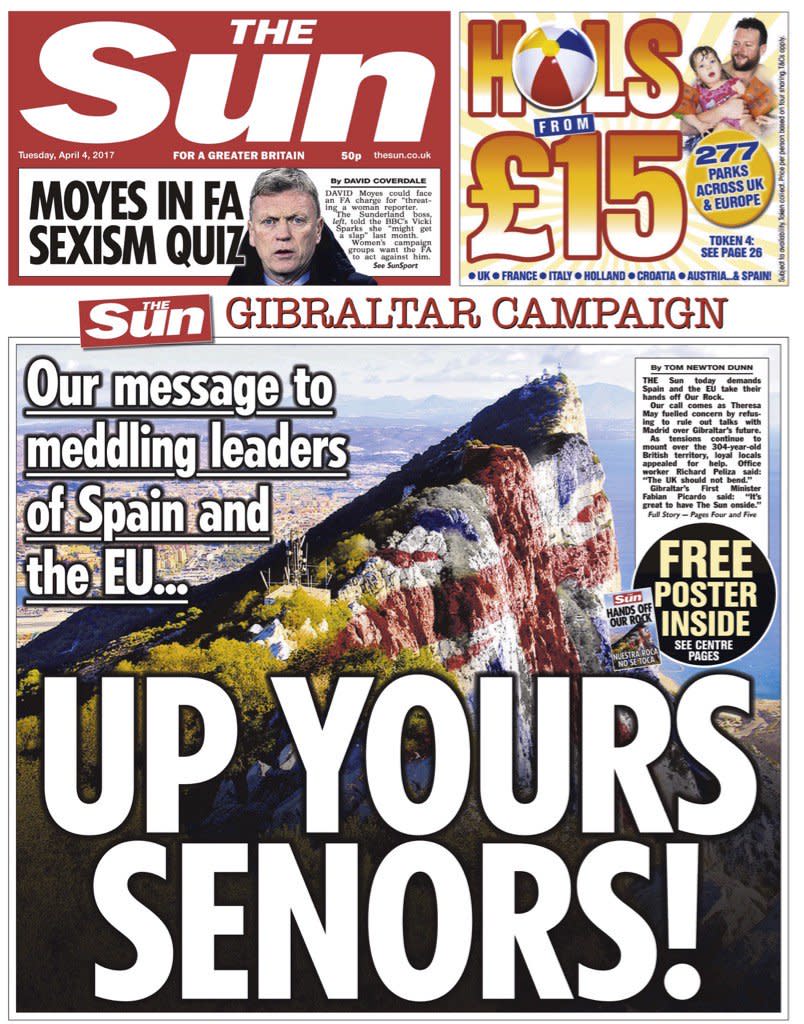 <p>This front page from the Sun fuelled an already fiery conflict raging between Remainers and Leavers over the future of Gibraltar. Former Conservative leader Michael Howard even mentioned the possibility of war over the area, and intensified the conflict between UK nationalists calling for British sovereingty, and those who wanted as close a relationship as possible with the EU. </p>