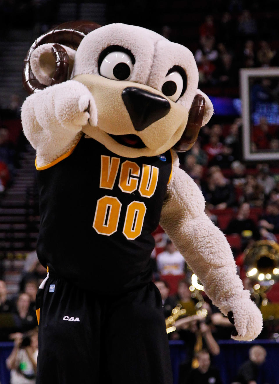 The Virginia Commonwealth Rams mascot performs on the court during a break in the game against the Wichita State Shockers in the second round of the 2012 NCAA men's basketball tournament at Rose Garden Arena on March 15, 2012 in Portland, Oregon. (Photo by Jonathan Ferrey/Getty Images)