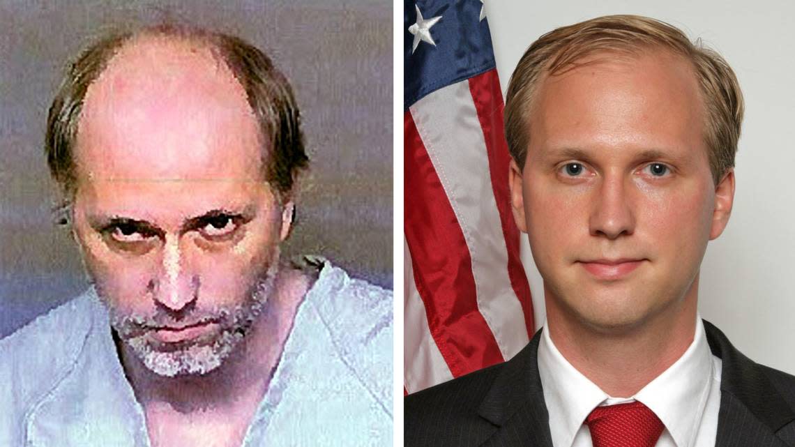 Images show Nathan Larson in a Denver booking photo, left, and a political campaign photo.