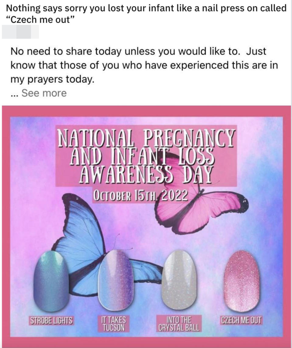 Someone who posted an image for national pregnancy and infant loss awareness day that advertised four types of press-on fingernails