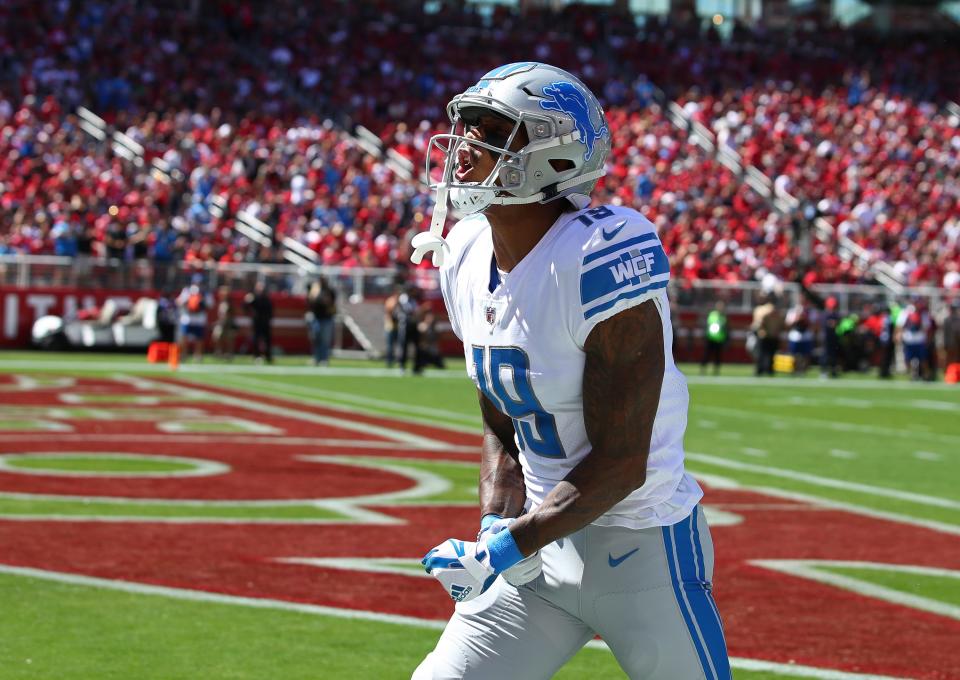 Lions wide receiver Kenny Golladay celebrates after scoring a touchdown during the first half on Sunday, Sept. 16, 2018, in Santa Clara, Calif.