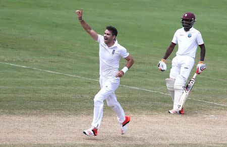 Cricket - West Indies v England - Second Test - National Cricket Ground, Grenada - 25/4/15 England's James Anderson celebrates the wicket of Marlon Samuels Action Images via Reuters / Jason O'Brien