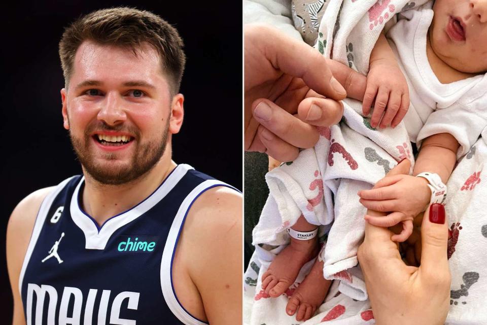 <p>Mike Stobe/Getty; Luka Doncic/Instagram</p> Luka Doncic (L) announced he welcomed his first baby with fiancée Anamaria Goltes