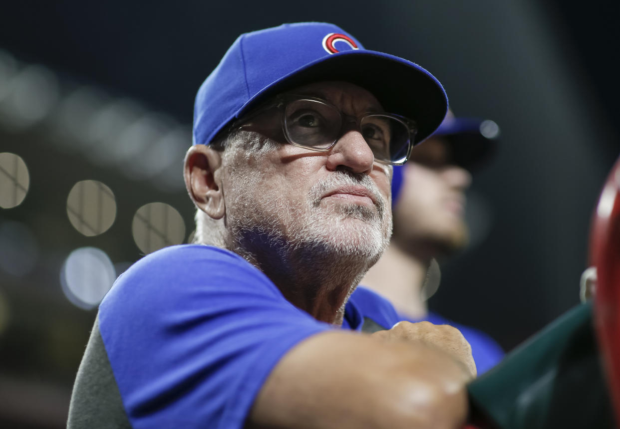 CINCINNATI, OH - AUGUST 08: Manager Joe Maddon #70 of the Chicago Cubs is seen during the game against the Cincinnati Reds at Great American Ball Park on August 8, 2019 in Cincinnati, Ohio. (Photo by Michael Hickey/Getty Images)