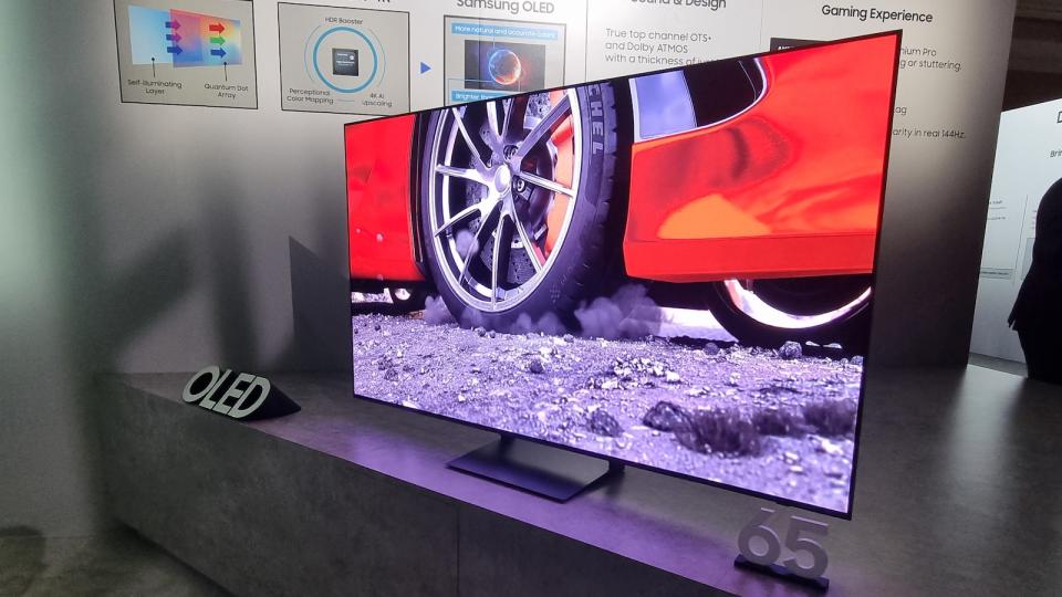 Samsung S90C QD-OLED TV on show at a press event