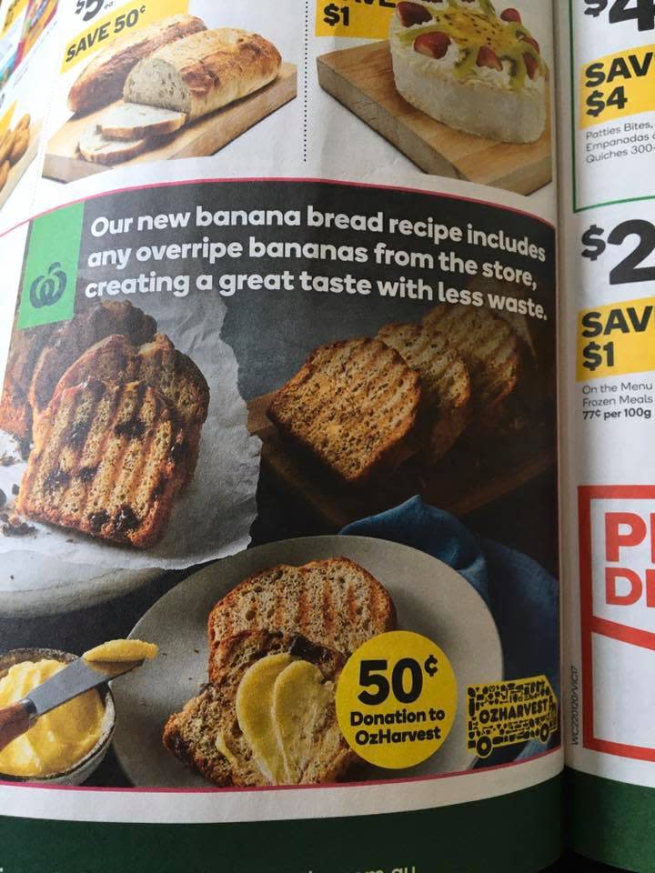 Overripe bananas are being used to make Woolworths banana bread, the supermarket said. Source: Facebook