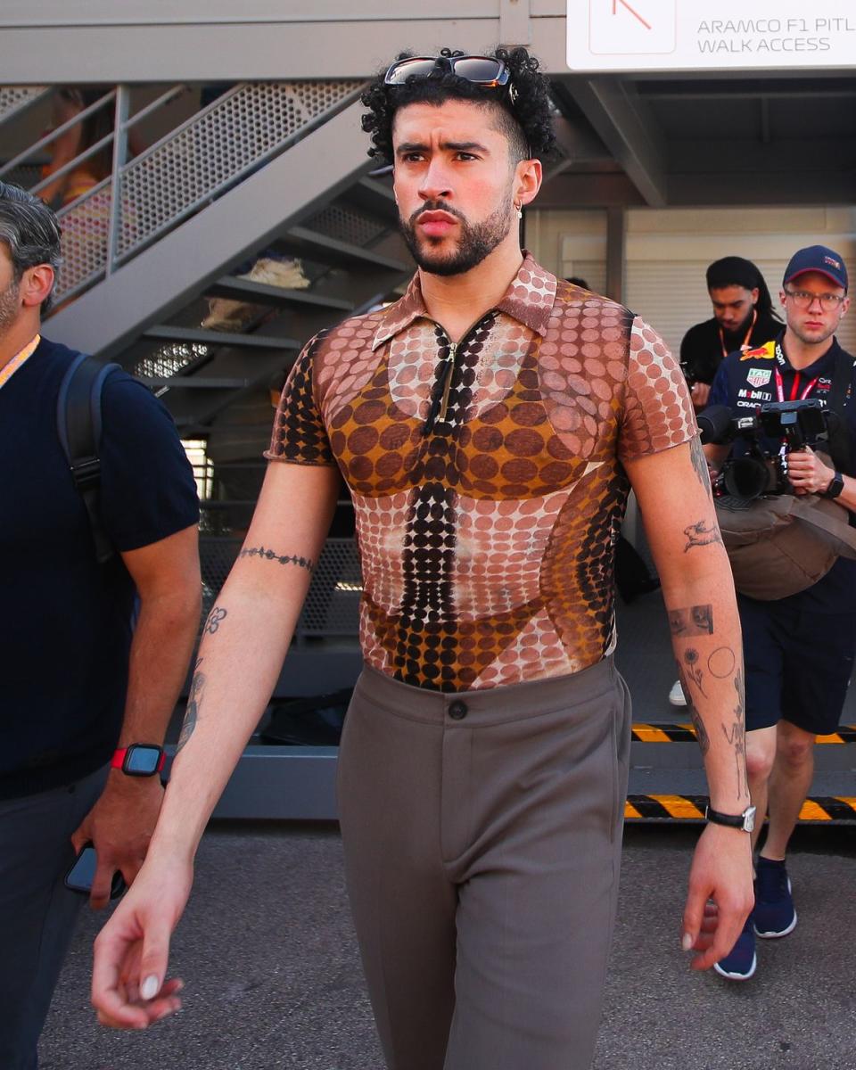 monte carlo, monaco may 25 bad bunny attends to the previews ahead of the f1 grand prix of monaco at circuit de monaco on may 25, 2023 in monte carlo, monaco photo by eric alonsogetty images