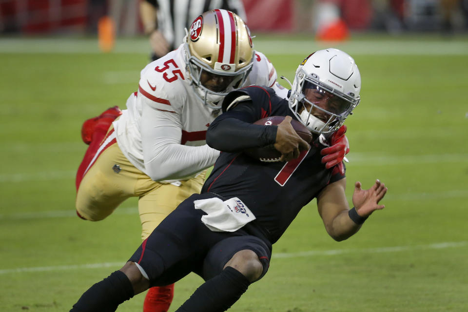 Arizona Cardinals quarterback Kyler Murray (1) is tackled by San Francisco 49ers defensive end Dee Ford (55) during the second half of an NFL football game, Thursday, Oct. 31, 2019, in Glendale, Ariz. (AP Photo/Rick Scuteri)