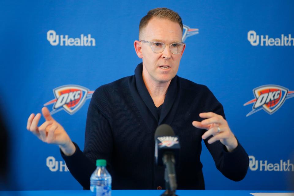 Thunder Executive Vice President and General Manager Sam Presti speaks during a press conference in Oklahoma City, Monday, April 18, 2022. 