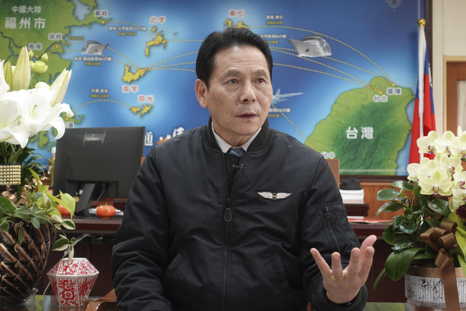 Wang Chung Ming, the head of Lienchiang County speaks during an interview on Nangan, part of Matsu Islands, Taiwan on Monday, March 6, 2023. Lienchiang County is the official name of Matsu Islands. Wang said he and the legislator from Matsu went to Taipei shortly after the internet broke down to ask for help, and was told they would get priority in any future internet backup plans. (AP Photo/Johnson Lai)