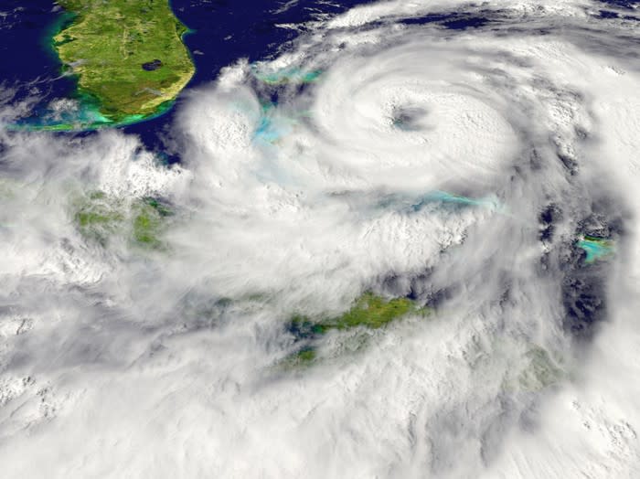 A satellite image showing a hurricane bearing down on Florida.