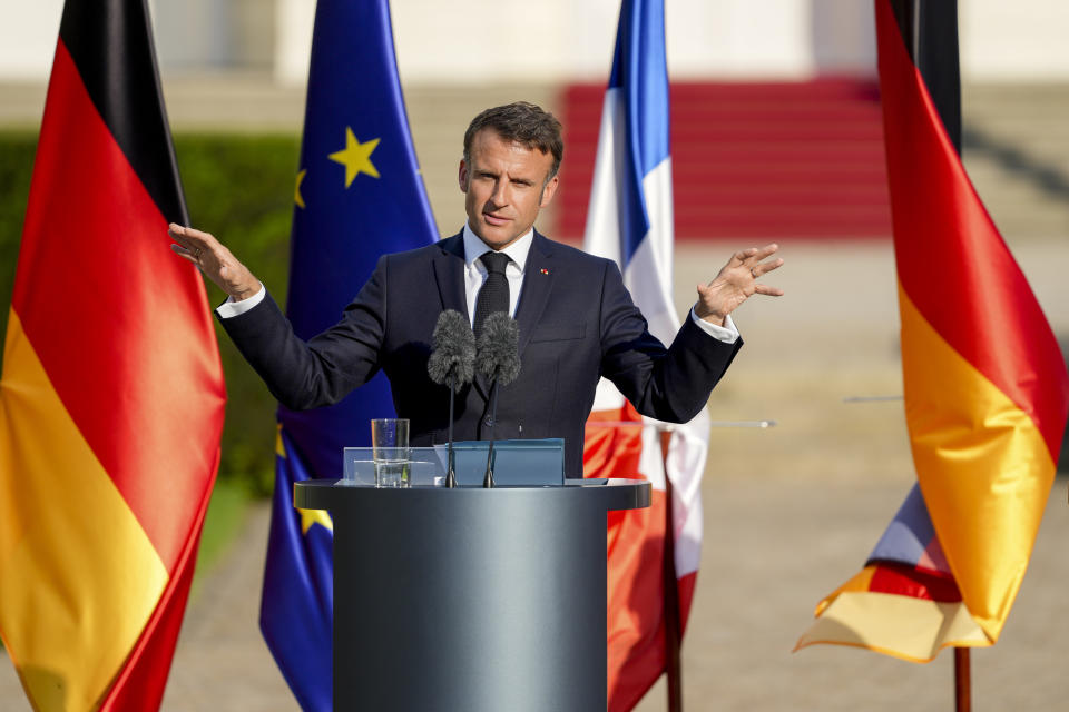 French President Emmanuel Macron attends a press conference at Bellevue Place in Berlin, Germany, Sunday, May 26, 2024. (AP Photo/Markus Schreiber)