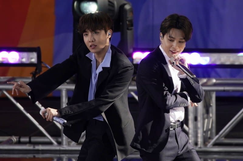 Jimin and J-Hope, of BTS, perform on "Good Morning America" at Ramsey Playfield/SummerStage in Central Park in New York City in 2019. File Photo by John Angelillo/UPI