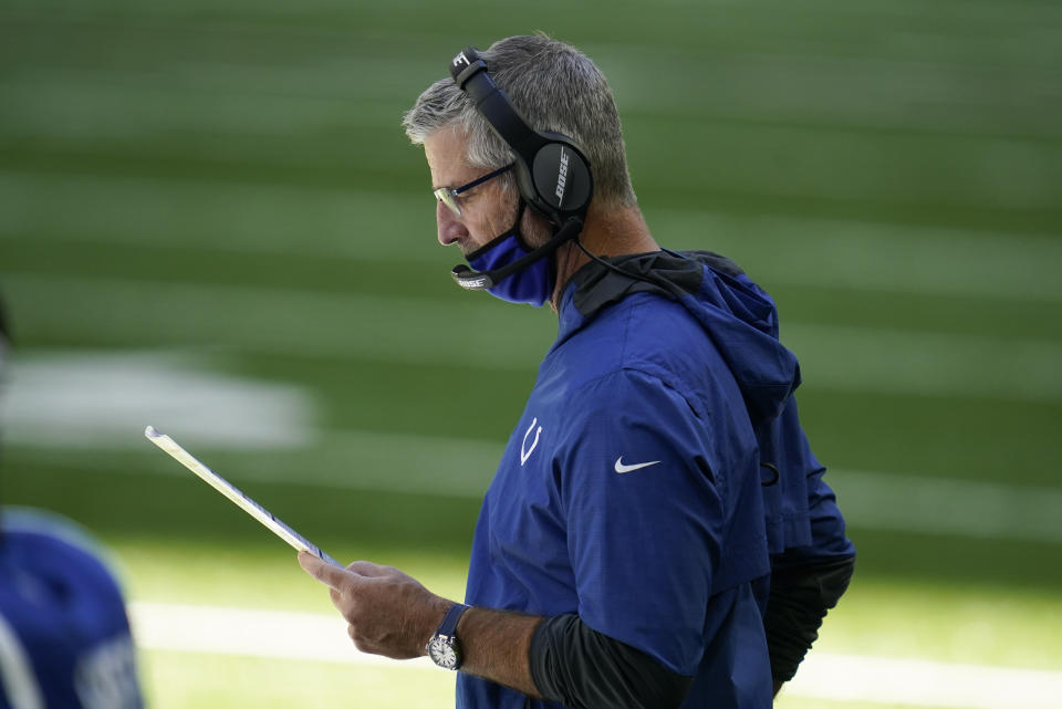 Indianapolis Colts head coach Frank Reich looks at his play chart during the second half of an NFL football game against the Minnesota Vikings, Sunday, Sept. 20, 2020, in Indianapolis. (AP Photo/Michael Conroy)