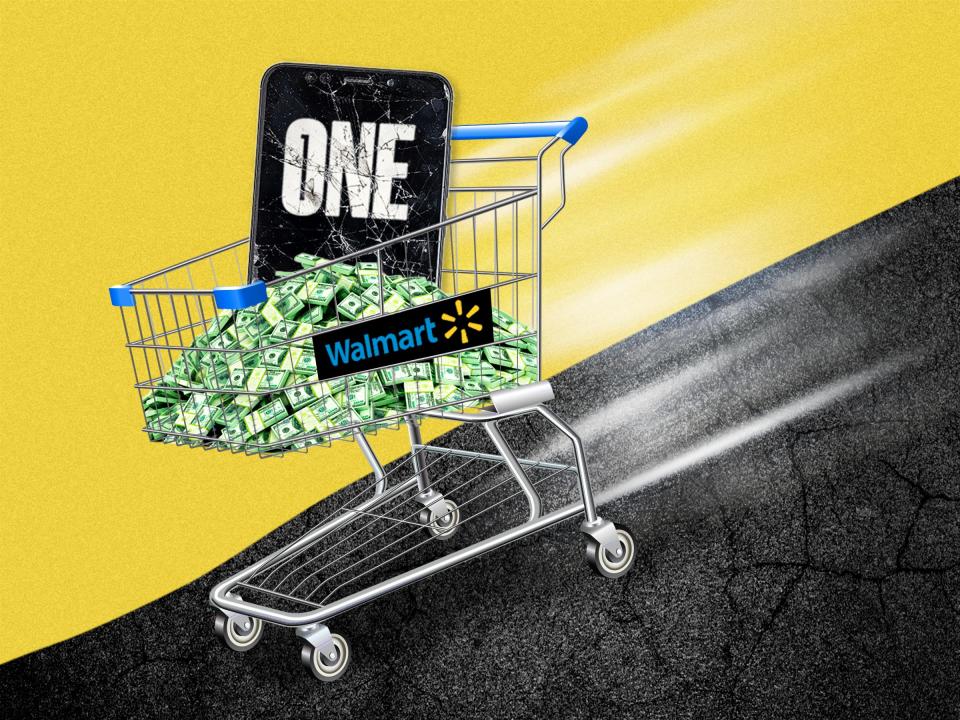 Walmart shopping cart with pile of money and cracked phone with One Finance logo rolling down an asphalt hill 4x3