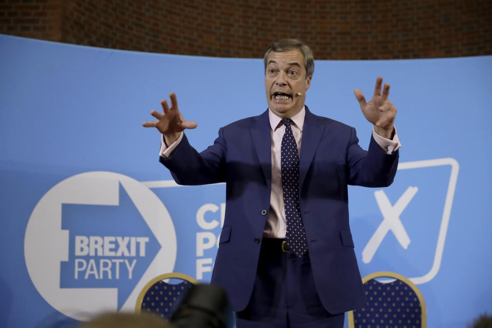 Nigel Farage the leader of the Brexit Party takes questions from journalists during an election press conference in London, Tuesday, Dec. 10, 2019. Britain goes to the polls on Dec. 12. (AP Photo/Matt Dunham)