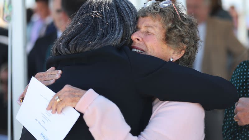 Karen Huntsman hugs Huntsman Cancer Institute CEO Mary Beckerle as the Huntsman Cancer Institute announces plans to develop a cancer center in Utah County in Vineyard on Wednesday, June 21, 2023.