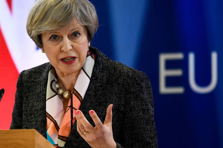 Britain's Prime Minister Theresa May attends a news conference during the EU Summit in Brussels, Belgium, March 9, 2017. REUTERS/Dylan Martinez