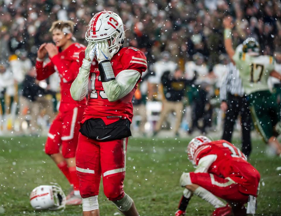 Moon's Anthony Antoniades walks off the field as the Tigers are defeated 24-21 by Penn-Trafford in the WPIAL 5A Championship Saturday at Heinz Field.[Lucy Schaly/For BCT]