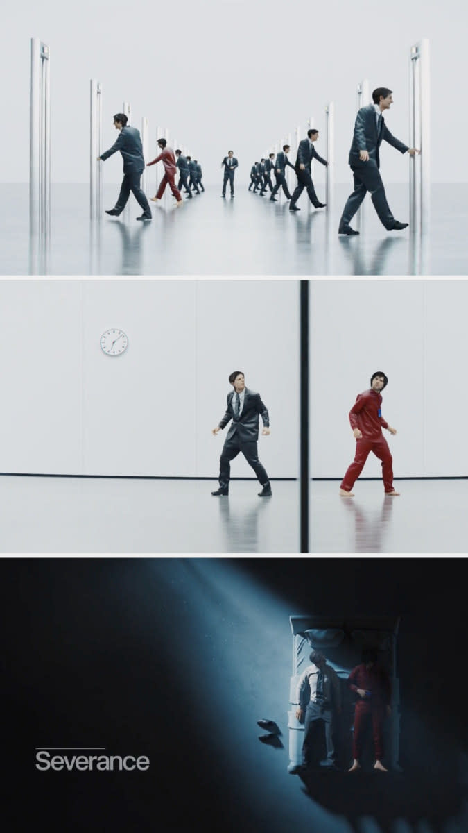 Clones of Adam Scott and the title card of "Severance"