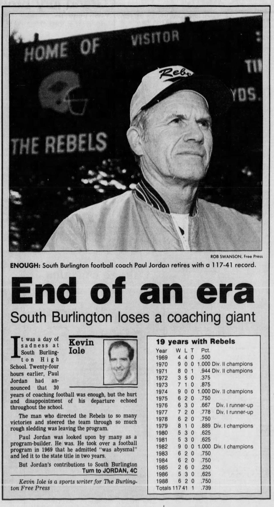 A screenshot of a 1988 edition of the Burlington Free Press featuring Paul Jordan's retirement from coaching football at South Burlington High School.
