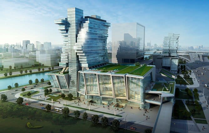 <b>Pazhou Hotel in Guangzhou by Aedas </b><br><br> As bombastic as any building conceived in the past decade, the Pazhou Hotel, designed by the international firm Aedas, stacks guest-room floors in two staggered piles atop a nearly 200-foot-high atrium that links exhibition and retail spaces. Located in Guangzhou’s rapidly expanding Pazhou district, the new building strives to be unique among the bold designs that already occupy the area, including Zaha Hadid’s Opera House just across the Pearl River. (Rendering courtesy of Aedas)<br><br> <b>More from Architectural Digest:</b> <br><br> • <a href="http://bit.ly/PX8hOp" rel="nofollow noopener" target="_blank" data-ylk="slk:Celebrity living rooms;elm:context_link;itc:0;sec:content-canvas" class="link ">Celebrity living rooms</a><br> • <a href="http://bit.ly/QA6am6" rel="nofollow noopener" target="_blank" data-ylk="slk:Radical houses;elm:context_link;itc:0;sec:content-canvas" class="link ">Radical houses </a><br> • <a href="http://bit.ly/QlDEr4" rel="nofollow noopener" target="_blank" data-ylk="slk:Adam Levine’s Hollywood Hills home;elm:context_link;itc:0;sec:content-canvas" class="link ">Adam Levine’s Hollywood Hills home</a>