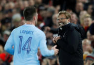 <p>Soccer Football – Champions League Quarter Final First Leg – Liverpool vs Manchester City – Anfield, Liverpool, Britain – April 4, 2018 Liverpool manager Juergen Klopp celebrates after Sadio Mane (not pictured) scored their third goal Action Images via Reuters/Carl Recine </p>