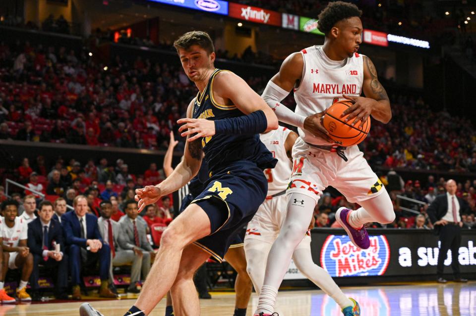 Maryland Terrapins guard Jahmir Young (1) pulls down a rebound during the first half against the Michigan Wolverines at Xfinity Center.