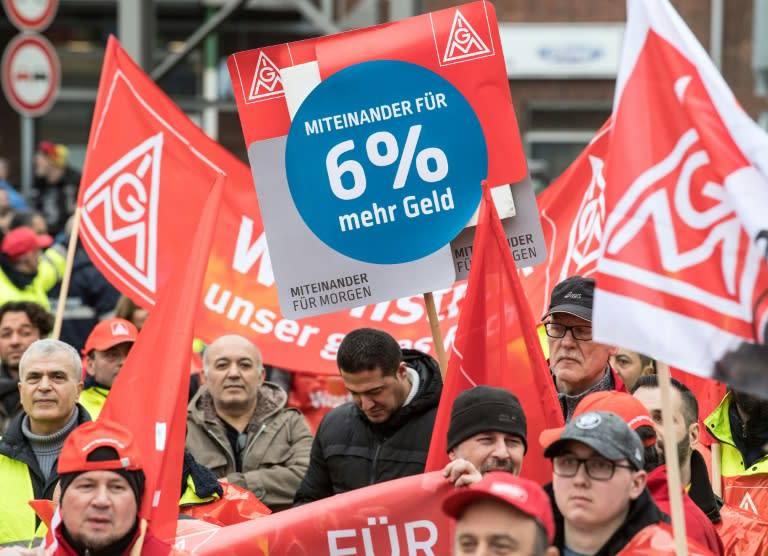 If no progress is made on their wage demands, IG Metall workers, such as those seen here joining a warning strike in Cologne, could join a series of 24-hour walkouts, raising the prospect of a first open-ended stoppage since 2003