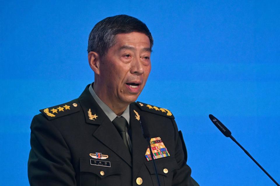 中國國務委員兼國防部長李尚福。China's Defence Minister Li Shangfu addresses a speech during the Moscow Conference on International Security in Kubinka, in the outskirts of Moscow, on August 15, 2023. Russian defence minister said on August 15, 2023, that Ukraine's military resources were 