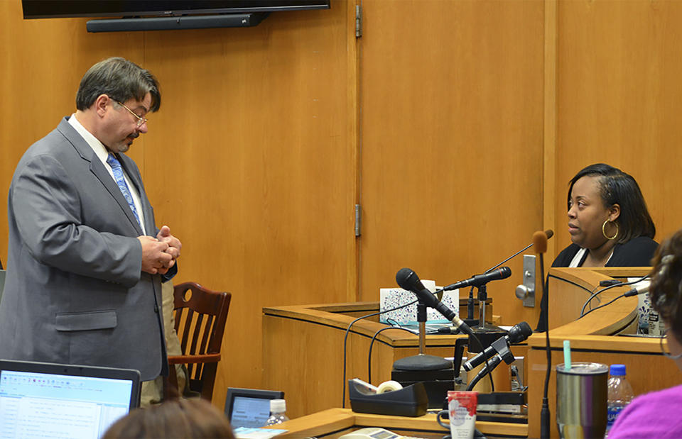 Assistant District Attorney Rodney Tidwell questions witness Tamayra May, daughter of victim Toccara May, on the third day of the capital murder trial of Willie Cory Godbolt at the Pike County Courthouse in Magnolia, Miss., Monday, Feb. 17, 2020. Godbolt, 37, is on trial, for the May 2017 shooting deaths of eight people in Brookhaven. (Donna Campbell/The Daily Leader via AP, Pool)