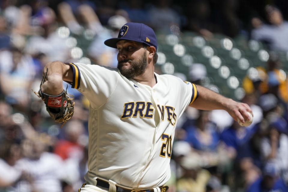 Milwaukee Brewers starting pitcher Wade Miley throws during the first inning of a baseball game against the Los Angeles Dodgers Wednesday, May 10, 2023, in Milwaukee. (AP Photo/Morry Gash)