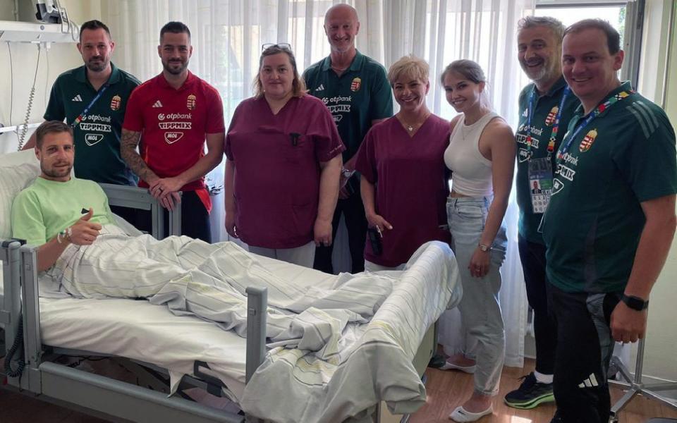 Thumbs up from Barnabas Varga two days after he was stretchered off against during Hungary's 1-0 win over Scotland