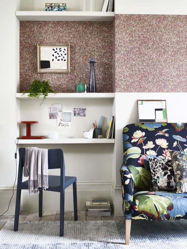 <p>Try a new way with a wildflower wallpaper. Hang in a horizontal band to highlight floating alcove shelving.</p><p>From: <em>House Beautiful magazine</em></p><p>Styling by Lorraine Dawkins. Photography by Carolyn Barber</p>