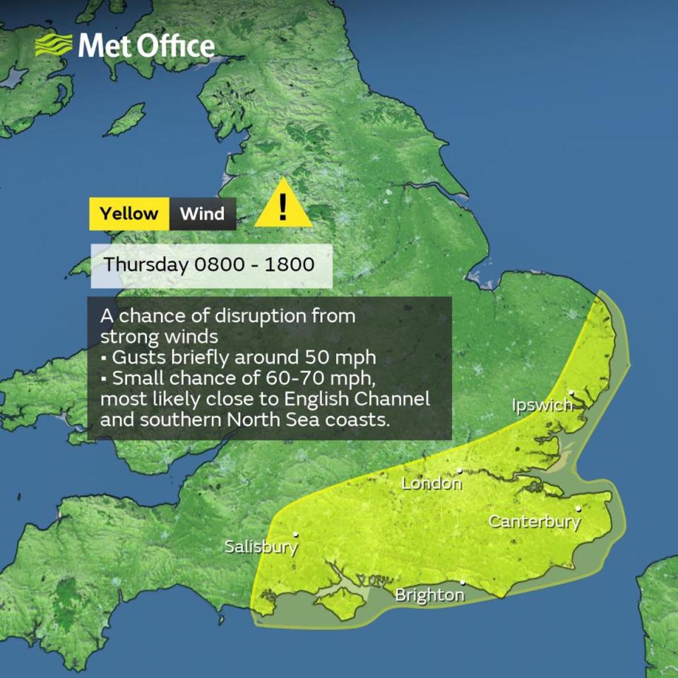 Yellow weather warning issued for wind across southern and eastern parts of England (Met Office)