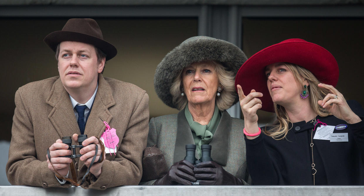 The Duchess of Cornwall with her two children, Tom and Laura, at Cheltenham Festival in 2015. (Photo: Getty Images)