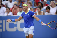 Rafael Nadal, of Spain, gestures during a match against Lloyd Harris, of South Africa, at the Citi Open tennis tournament, Thursday, Aug. 5, 2021, in Washington. (AP Photo/Nick Wass)