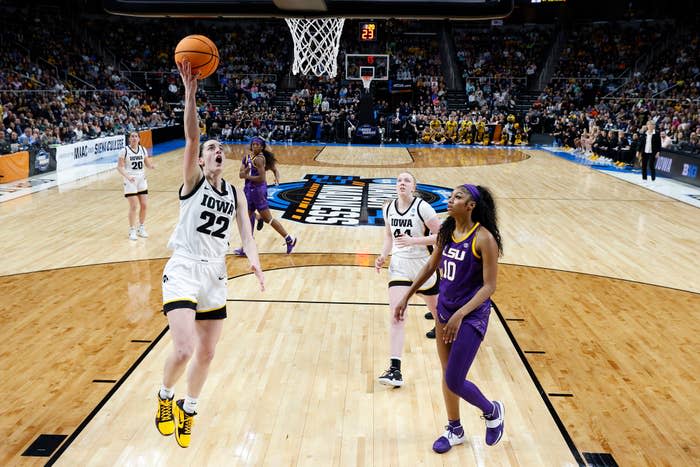 Caitlin Clark and Angel Reese in action during a game, with one shooting the ball