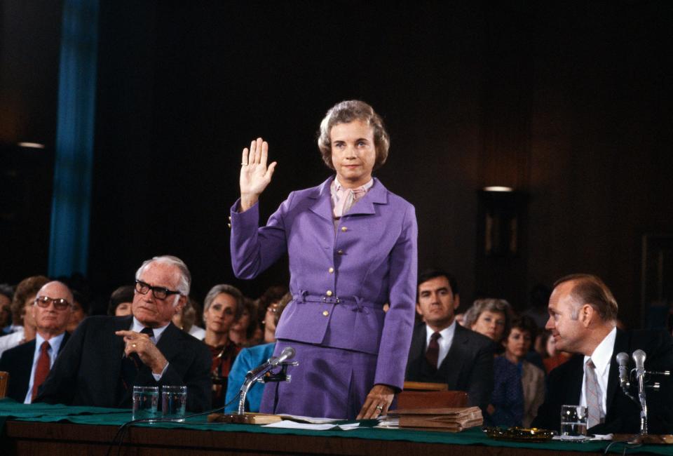 Sandra Day O'Connor is sworn in before the Senate Judiciary committee during confirmation hearings as she seeks to become first woman to take a seat on the US Supreme Court, Washington, DC, September 9, 1981.