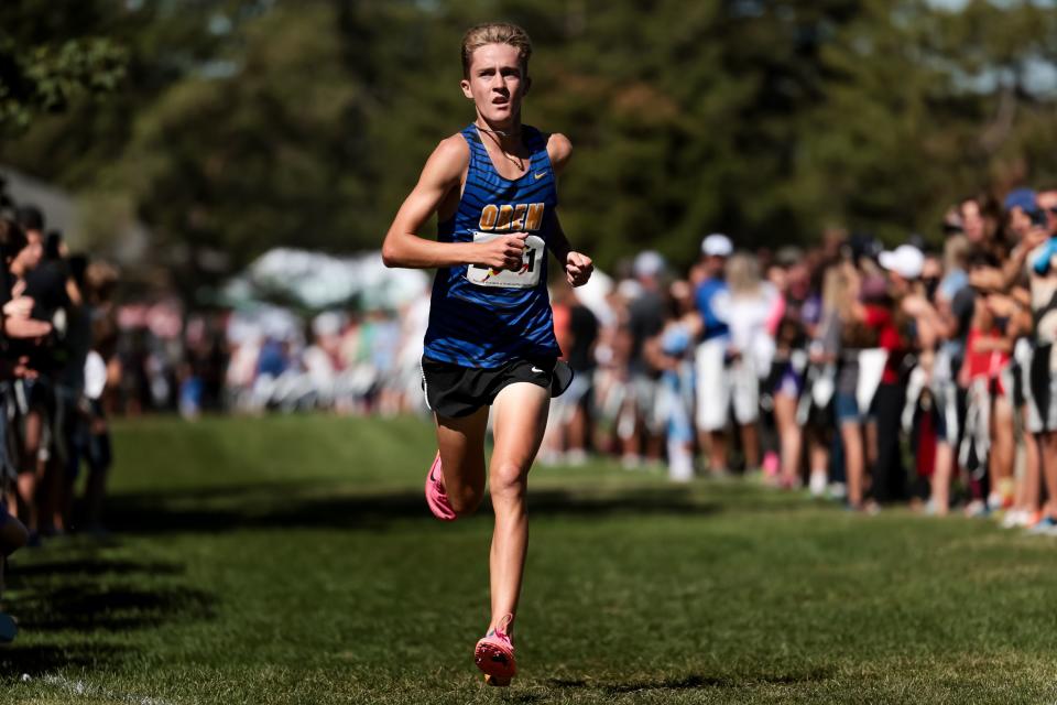 Austin Westfall of Orem places first in the championship boys race at the Border Wars XC meet at Sugar House Park in Salt Lake City on Saturday, Sept. 16, 2023. | Spenser Heaps, Deseret News