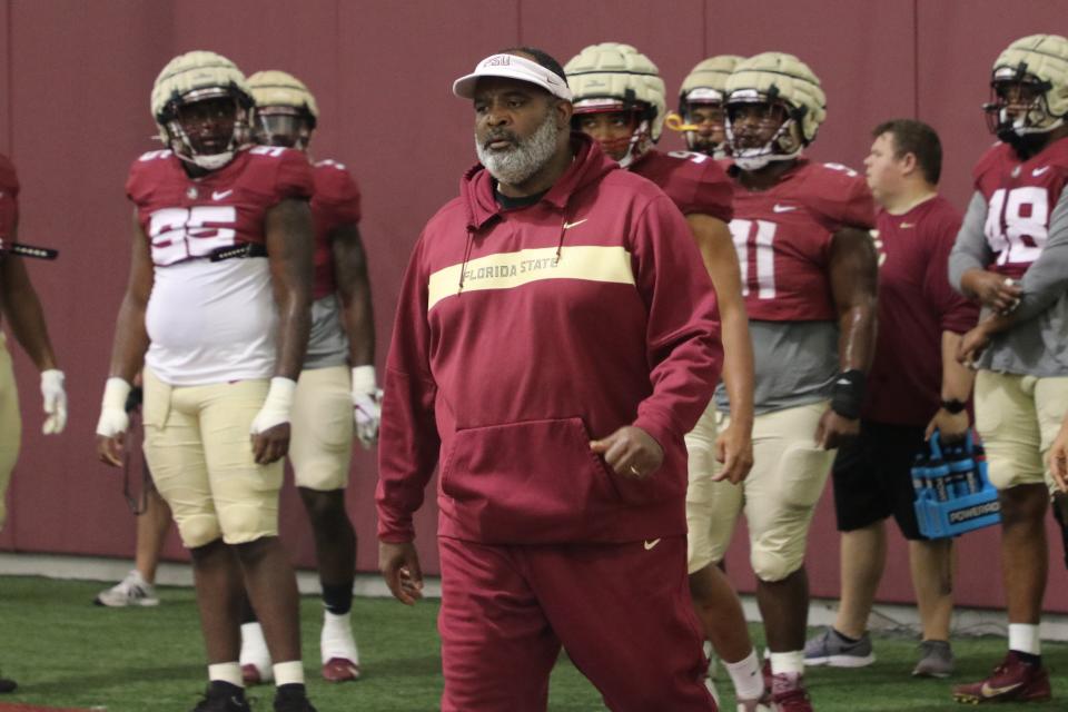 FSU defensive tackles coach Odell Haggins during the Seminoles' fourth spring football practice on Friday, March 11, 2022.
