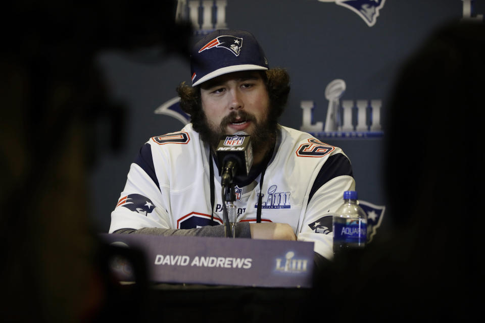 New England Patriots C David Andrews channeled his inner "Magic Mike" during the team's ring celebration on Thursday night. (AP)