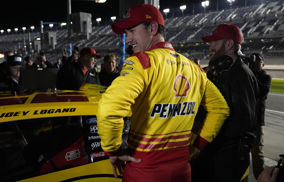 Joey Logano after qualifying for the NASCAR Daytona 500 auto race Wednesday, Feb. 14, 2024, at Daytona International Speedway in Daytona Beach, Fla. (AP Photo/Chris O'Meara)