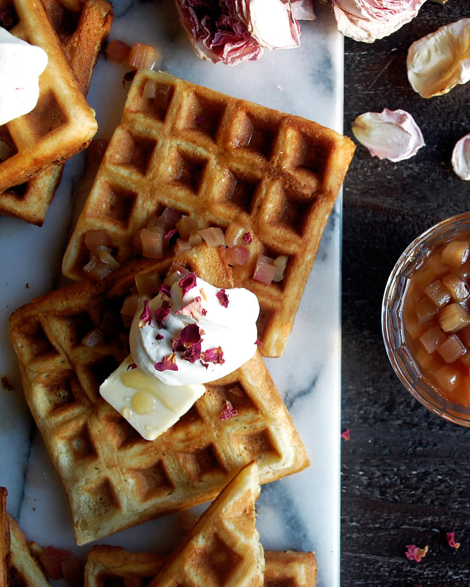 Waffles with rhubarbs and butter.