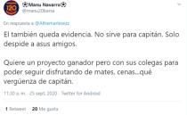 El argentino solo se ha despedido de sus amigos Arturo Vidal y Luis Suárez y no lo ha hecho del resto de compañeros que han dejado el club este verano. Algunos seguidores azulgranas le acusan de mal capitán. (Foto: Twitter / <a href="http://twitter.com/manu20barsa/status/1309425030263115777" rel="nofollow noopener" target="_blank" data-ylk="slk:@manu20barsa;elm:context_link;itc:0;sec:content-canvas" class="link ">@manu20barsa</a>).