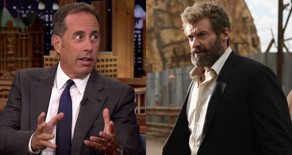 Jerry Seinfeld and Hugh Jackman as Wolverine in 'Logan' (Credits: CBS / 20th Century Fox)